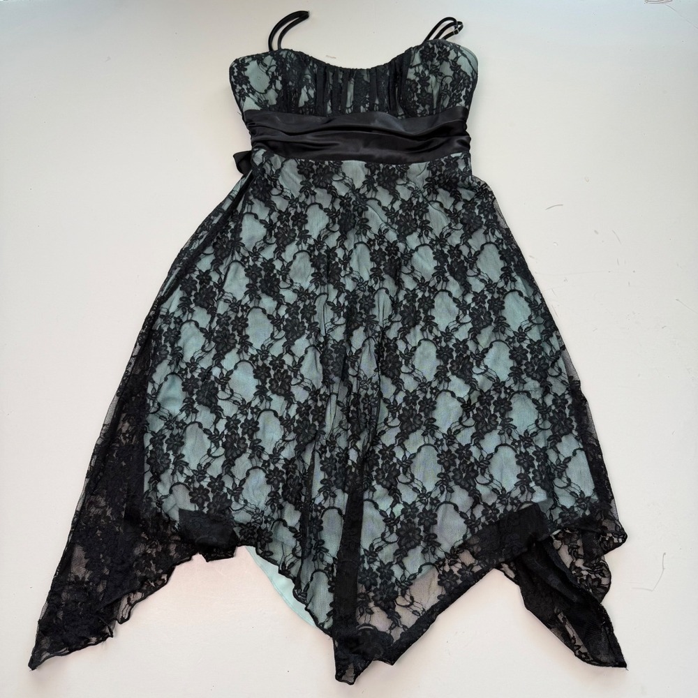 Women's Black Lace Mint Green Cocktail Dress Medium Gothic Fairy Boho Cottage